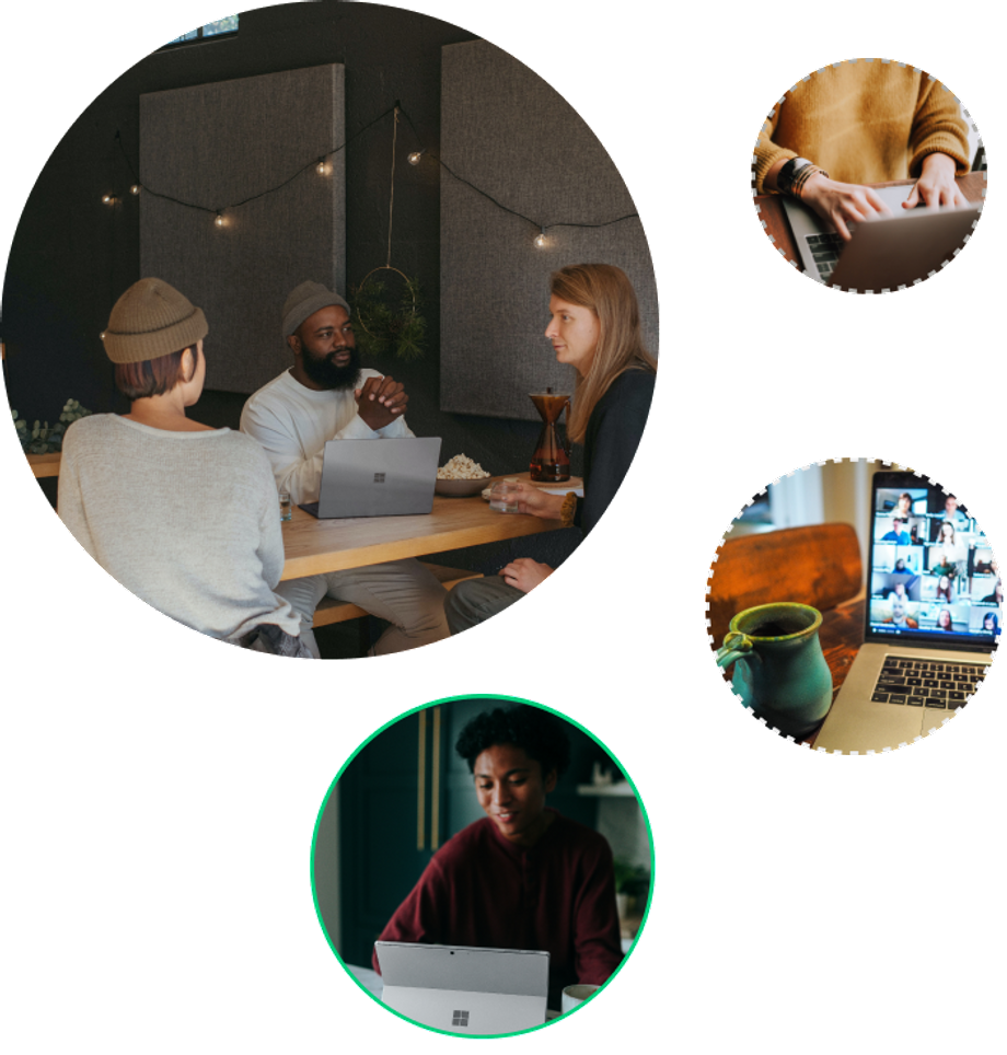 Group of four images: three people in an informal meeting, a black woman smiling towards a computer, hands typing on a computer and a computer and a mug on a table