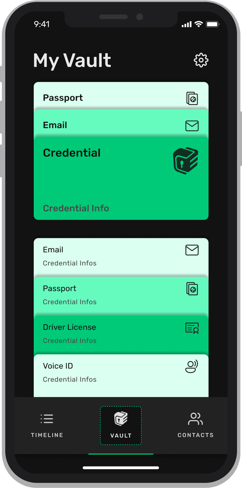 A cellphone screen showing the ID Crypt Vault with all user documents