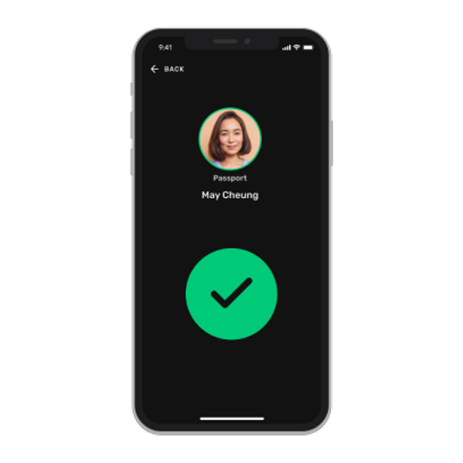 Cellphone showing a person's photo and name with a big green check icon