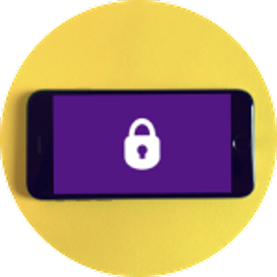 Yellow background with a cellphone in landscape position showing a locked padlock image