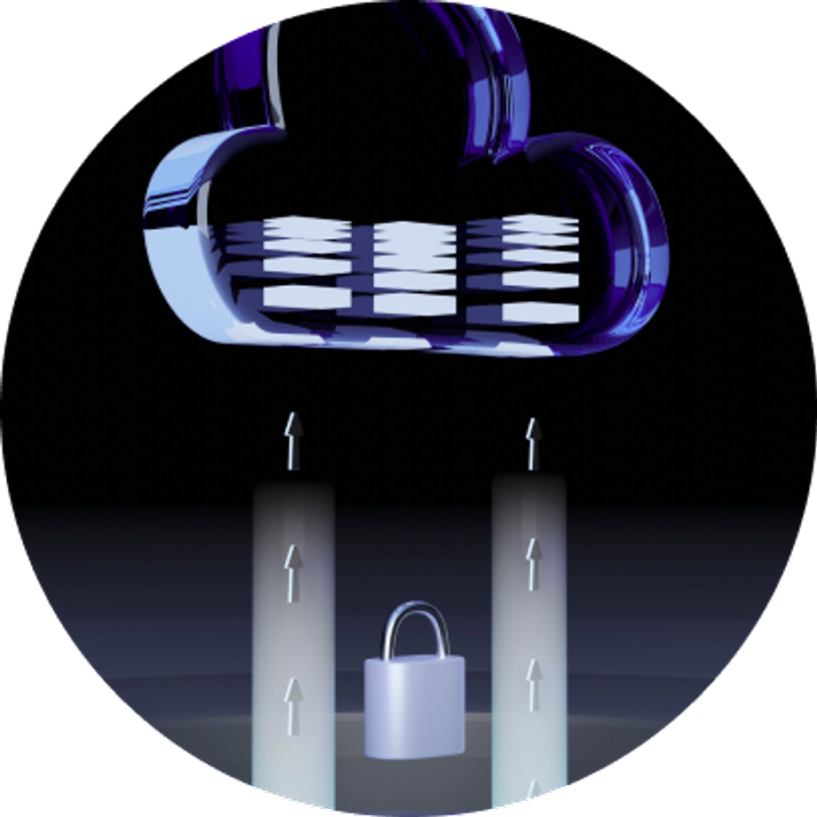 Padlock levitating to a digital cloud with some documents inside