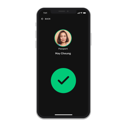 Cellphone showing a person's photo and name with a big green check icon