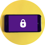 Yellow background with a cellphone in landscape position showing a locked padlock image