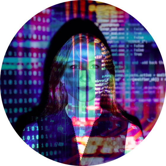 White woman with source codes projected on her